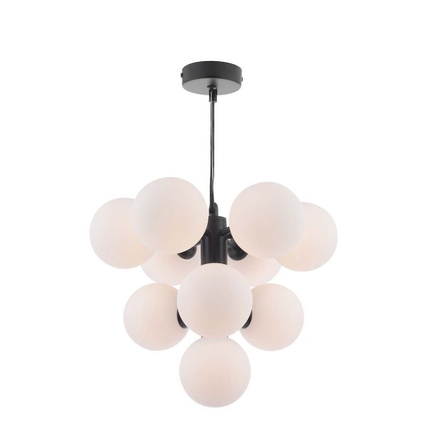 Vine 10 light ceiling pendant in satin black with opal glass shades on white background