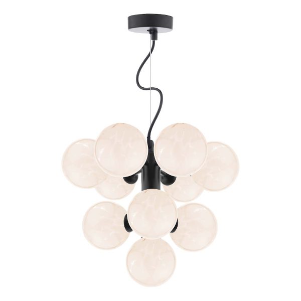 Vine 10 light ceiling pendant in satin black with confetti glass shades on white background