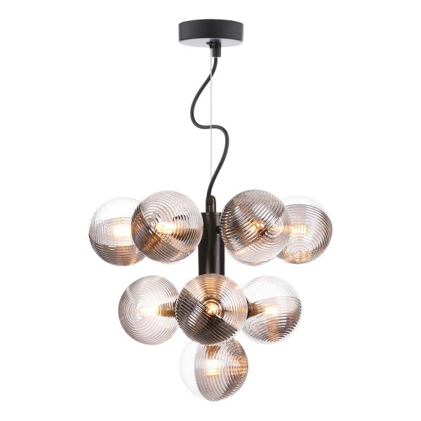 Vine 10 light ceiling pendant in satin black with ribbed glass shades on white background
