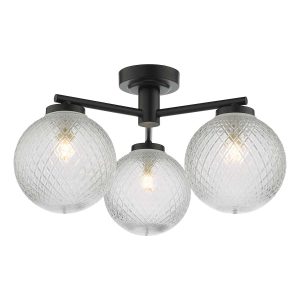 Wayne 3 lamp flush bathroom ceiling light in matt black with textured glass shades on white backgroung