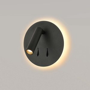 Switched LED round backlit bedside wall light with directional reading light in matt black