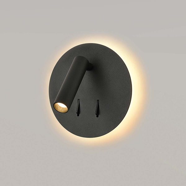 Switched LED round backlit bedside wall light with directional reading light in matt black