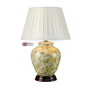 Yellow Flowers British made porcelain table lamp with ivory shade on white background