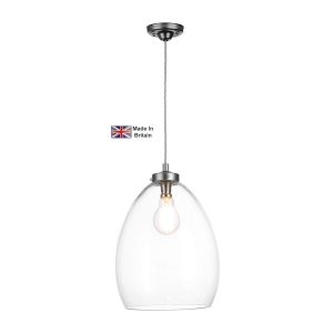 Yeovil small classic pendant light in aged silver on white background lit