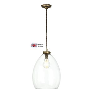 Yeovil small classic pendant light in antique brass on white background lit
