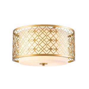 Ziggy 2 light flush mount ceiling light in lacquered gold on white background